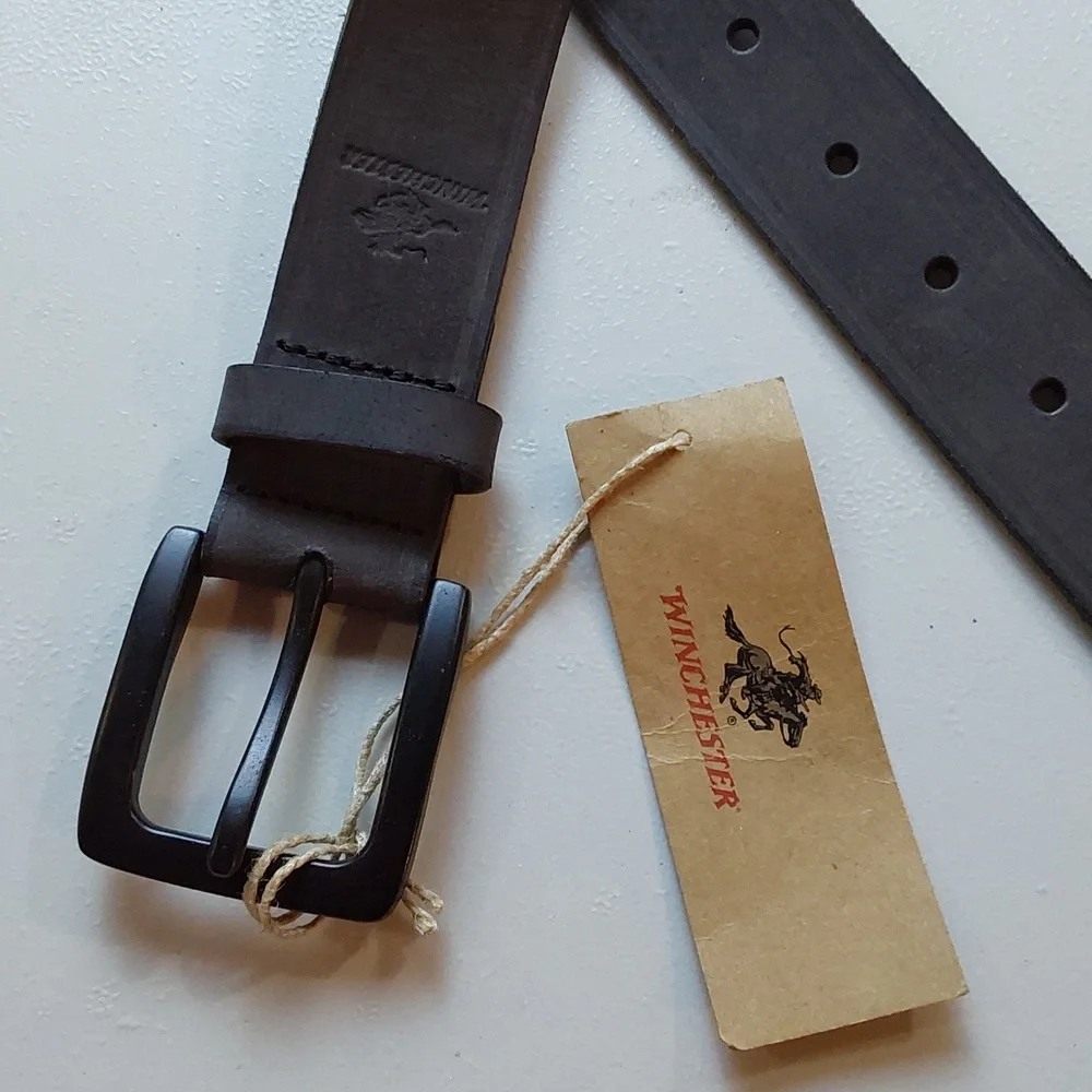 Winchester|Men's Matte Black Premium Full Grain Leather Belt Flat Black Sz.38/40